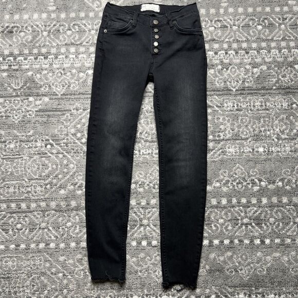 Free People Black Exposed Button Fly Skinny Jeans Women's 26R Stretch Raw Hem - Picture 1 of 11
